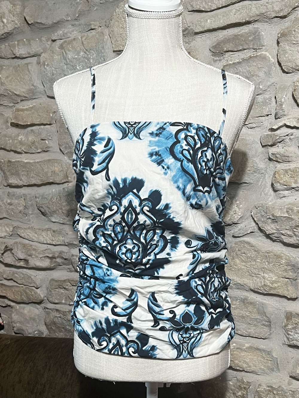 Zara Blue & White Printed Ruched Spaghetti Strap Cami